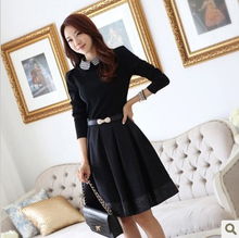 春季新款韓版修身連衣裙娃娃領長袖氣質連衣裙
